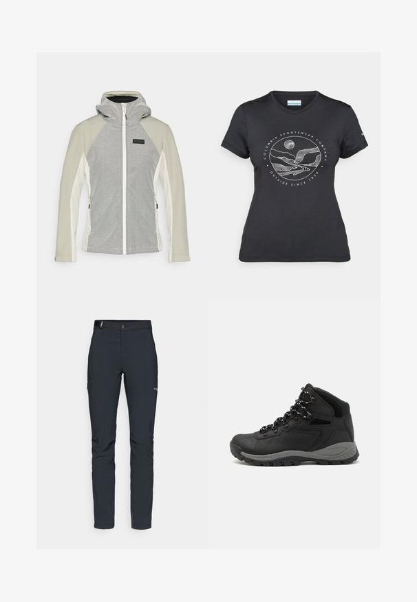 Svetlošedá a biela bunda so zipsom a kapucňou. Telo bundy je pruhované, zatiaľ čo rukávy sú jednoliate.; Čierne tričko Columbia s bielou kruhovou grafikou hory a rieky a textom "Columbia Sportswear Company vonku od roku 1938."; Pánske outdoorové nohavice, tmavo šedé, vyrobené z flexibilného materiálu, s opaskom, so zipsovými vreckami a vystuženým šitím.; Čierna turistická obuv s polovičným strihom, s textúrovaným zvrškom, šedými akcentmi a odolnou gumovou podrážkou s protišmykovými hrebienkami.