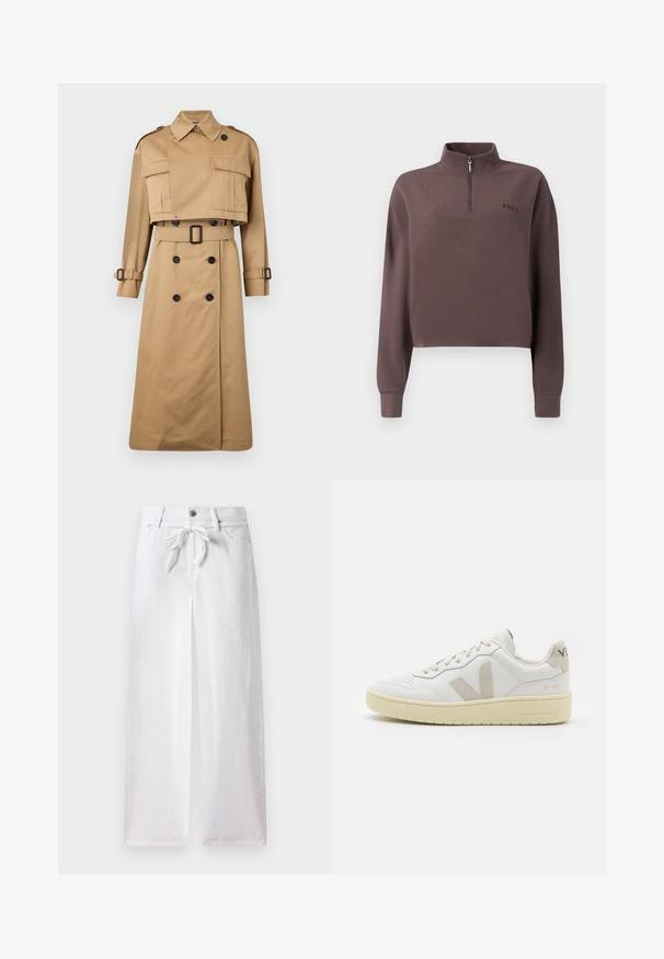 Beige trench coat with cropped jacket top, large front pockets, and long sleeves. Features a belted waist and double-breasted button closure.; Cropped, long-sleeve pullover in dark mauve ribbed fabric with a quarter zip and a small brand logo on the chest. Soft texture.; Beige ribbed tank top with thin straps and a rounded neckline. Features a stitched logo on the front. Smooth texture, fitted design.; White wide-leg pants made of cotton. Features a drawstring tie at the waist and a button closure. Smooth texture with a minimalist design.; White leather sneaker with beige suede accents, perforated toe box, flat laces, and a textured cream sole. Features subtle branding on heel.