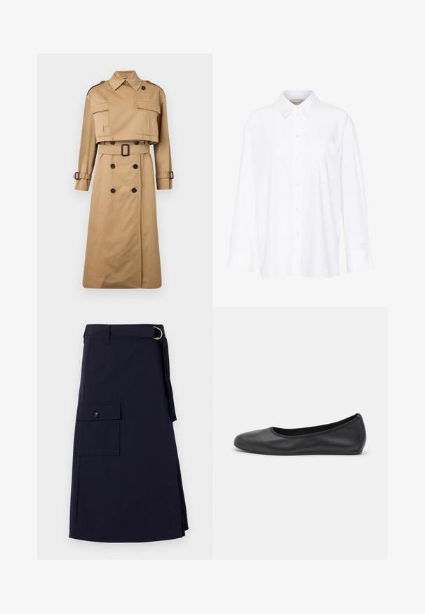 Beige trench coat with cropped jacket top, large front pockets, and long sleeves. Features a belted waist and double-breasted button closure.; White long-sleeve collared shirt made of cotton. Features a button-down front and a single chest pocket. Smooth texture, relaxed fit.; Navy blue skirt with a structured design, featuring a side cargo pocket and a metal D-ring belt accent. Made from durable fabric.; Black leather ballet flat with a rounded toe, smooth texture, minimal stitching detail, and a flexible sole design.