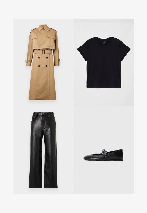 Beiger Trenchcoat mit kurzwärmtiger Jacke, großen Fronttaschen und langen Ärmeln. Besitzt eine taillierte Taille und einen doppeltknopfartigen Verschluss.; Schwarzes Kurzarm-T-Shirt aus weicher Baumwolle. Klassisches Rundhalsausschnitt-Design mit einer einfachen, ungeschmückten Oberfläche und einem lockeren Schnitt.; Schwarze Lederhose mit weitem Bein und glänzendem Finish, ausgestattet mit Vordertaschen, Reißverschluss und Knopfverschluss. Glatte Textur über die gesamte Fläche.; Schwarze Ballettflat mit spitzer Spitze, ausgestattet mit einem Riemen und einer runden, metallischen Schnalle sowie einer flachen Sohle.