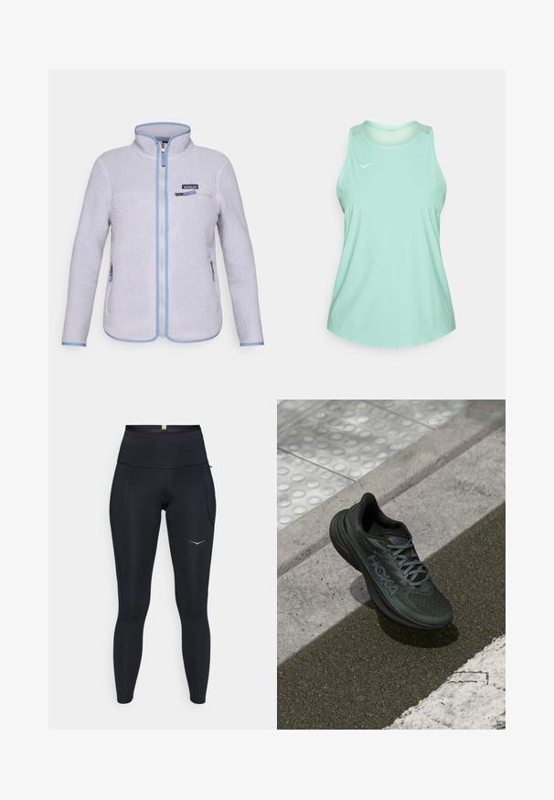 Lichtpaarse Patagonia fleece jack met volledige rits aan de voorkant, ritszak op de borst, twee ritszakken aan de zijkant en blauwe afwerking op de randen.; Licht mintgroene sporttanktop met een textuurstof, afgeronde zoom en lichtgrijze schouderaccenten. Voorzien van een klein wit logo.; Zwarte sportlegging met een hoge tailleband. Gemaakt van rekbaar materiaal, met twee zijzakken en reflecterend logo-detail.; Zwarte hardloopschoen met mesh bovenwerk, getextureerde accenten en logo, met een gevoerde zool en grijze veters, geplaatst op het trottoir.