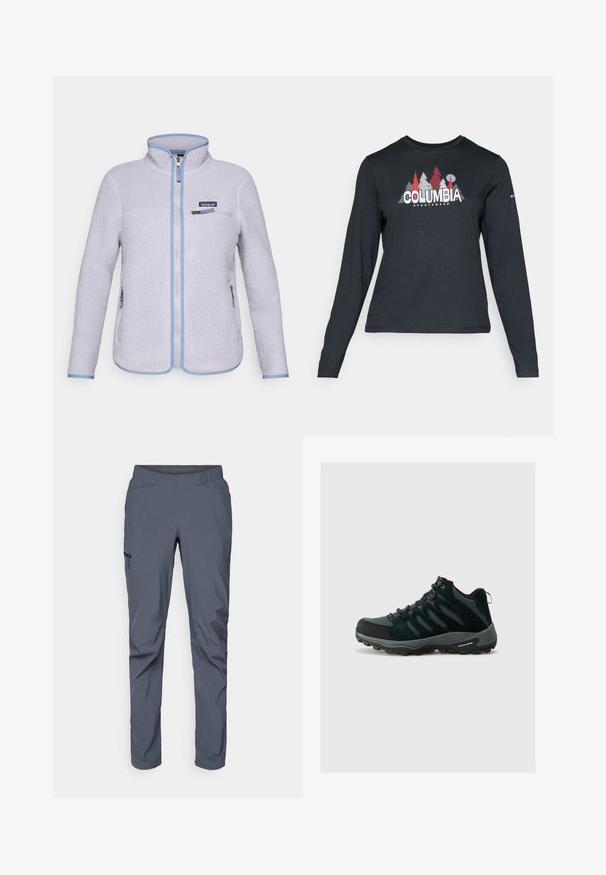 Világoslila Patagonia polárdzseki teljes elülső cipzárral, cipzáras mellzsebbel, két cipzáras oldalzsebbel és kék szegéllyel.; Hosszú ujjú, sötétszürke ing piros fákkal és hegyekkel díszítve; a "COLUMBIA" logó vastag fehér betűkkel. Puha anyag, klasszikus kerek nyakkivágás.; Szürke sportos nadrág, rugalmas derékkal, két elülső zsebbel és cipzáras oldalzsebbel. Simaszerű textúra és karcsúsított fazon.; Columbia REDMOND - Túracipők - black/citron haze