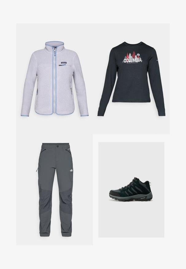 Lys lilla Patagonia fleecejakke med full frontglidelås, glidelåslomme på brystet, to glidelåslommer på sidene og blå kant langs kantene.; Langermet mørkegrå skjorte med grafikk av røde trær og fjell; "COLUMBIA" logo i fet hvit tekst. Mykt stoff, standard rund hals.; Mørkegrå utendørsbukser med forsterkede kneputer, glidelås i sidelommer og frontlommer, knappelukking, og The North Face-logo på låret.; Columbia REDMOND - Fjellsko - black/citron haze