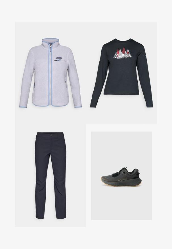 Light purple Patagonia fleece jacket with full front zipper, zippered chest pocket, two zippered side pockets, and blue trim on edges.; Long-sleeve dark gray shirt with a graphic of red trees and mountains; "COLUMBIA" logo in bold white text. Soft fabric, standard crew neck.; Navy blue pants made of smooth fabric, featuring a front button closure, slim-fit design, and creased detailing at the knees.; Columbia TERRASTRIDE CRZ - Hiking shoes - shark/black