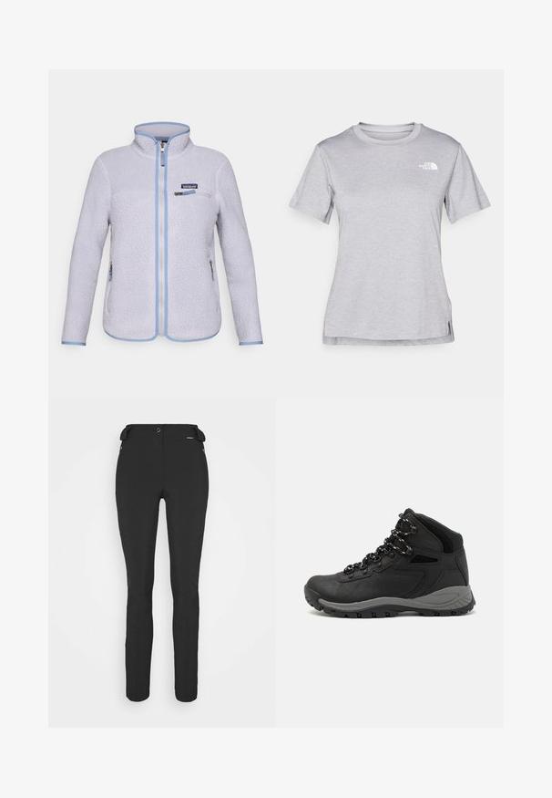 Světle fialová fleecová bunda Patagonia se zapínáním na celý přední zip, kapsou na zip na hrudi, dvěma postranními kapsami na zip a modrým lemováním na okrajích.; Šedé tričko s krátkým rukávem vyrobené z měkké, vlhkosti odvádějící tkaniny. Obsahuje kulatý výstřih a malé bílé logo na levém horním rukávu.; Černé, přiléhavé kalhoty vyrobené z pružného materiálu. Mezi funkce patří boční kapsa na zip, anatomické kolena a hladký povrch.; Černé turistické boty s mírně vyšším střihem, které mají texturovaný svršek, šedé detaily a odolnou gumovou podrážku s trakčními výstupky.