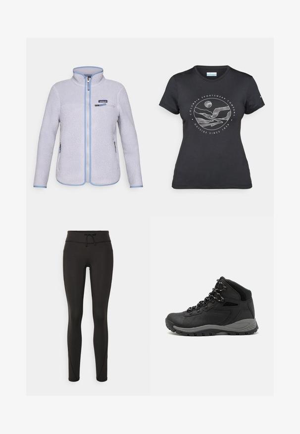 Lys lilla Patagonia fleecejakke med full frontglidelås, glidelåslomme på brystet, to glidelåslommer på sidene og blå kant langs kantene.; Svart Columbia t-skjorte med hvit sirkulær fjell- og elvlinjekunst og tekst "Columbia Sportswear Company Outside Since 1938."; Svarte leggings med høy midje, snøring, glatt tekstur og tettsittende design. Har søm detaljer langs sidene.; Sorte turstøvler med mid-topp design, som har en teksturert overdel, grå detaljer og slitesterk gummisåle med godt grep.