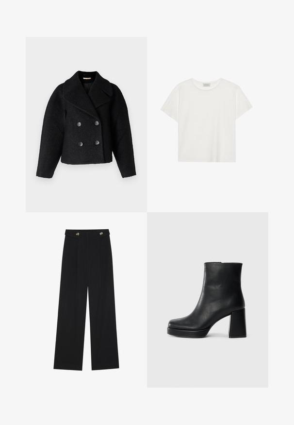 Rue de Femme MARION - Lahka jakna - black; Bela kratkotrajna majica s kratkimi rokavi, narejena iz mehke bombažne tkanine. Ima okroglo ovratnico in sproščen kroj. Čist dizajn brez vidnih vzorcev ali akcentov.; Črne široke hlače s visokim pasom, gumbnimi detajli na pasu in sprednjimi gubami.; Črne usnjene gležnjarje z blok peto in platformo, prikazane s strani na enobarvni beli podlagi.
