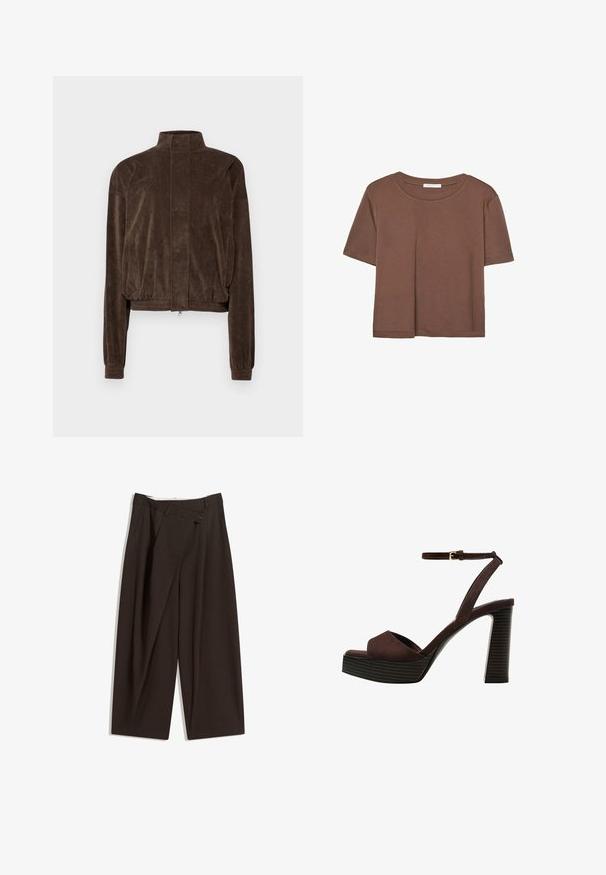 7 DAYS Active JACKET - Bomberjacke - slate black; Braunes, kurzärmliges T-Shirt aus weichem Material mit rundem Halsausschnitt und lockerer Passform. Keine sichtbaren Muster oder Akzente.; Dunkelbraune, weite Hosen mit hohem Bund, die über einen einzigen Knopfverschluss und eine gefaltete Vorderseite verfügen. Hergestellt aus leichtem Stoff.; Braune Wildleder-Pumps mit offenem Zeh, verstellbarem Knöchelriemen und gestreiftem Plateausohlen.