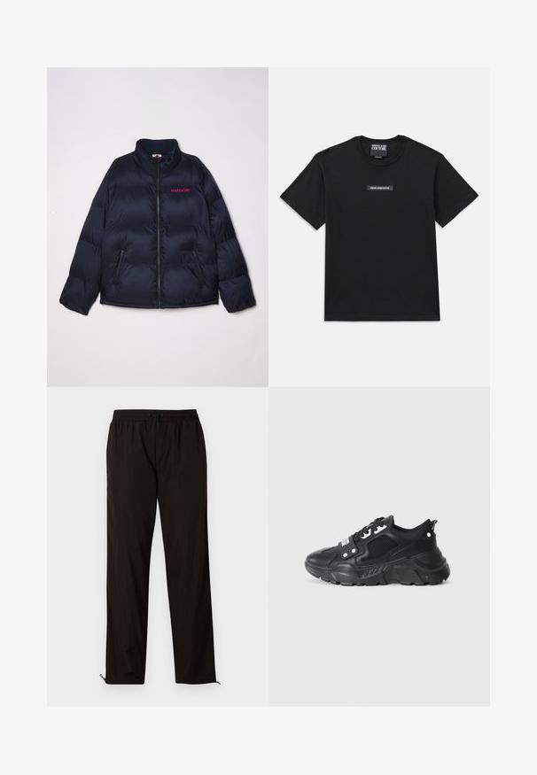 Giacca imbottita navy con colletto rialzato, chiusura a zip frontale e due tasche laterali. Presenta il logo rosa "icecream" sul lato sinistro del petto. Texture morbida e trapuntata.; T-shirt nera a maniche corte realizzata in cotone. Presenta un'etichetta logo rettangolare sul petto con "VERSACE JEANS COUTURE" in testo bianco.; Pantaloni leggeri neri con vita elastica, chiusura con cordino e orli con zip per una vestibilità regolabile. Texture liscia e elegante.; Sneaker sportivo nero con pannello in rete testurizzata, suola in gomma spessa, accenti a contrasto e chiusura con lacci. Dotato di una linguetta posteriore.
