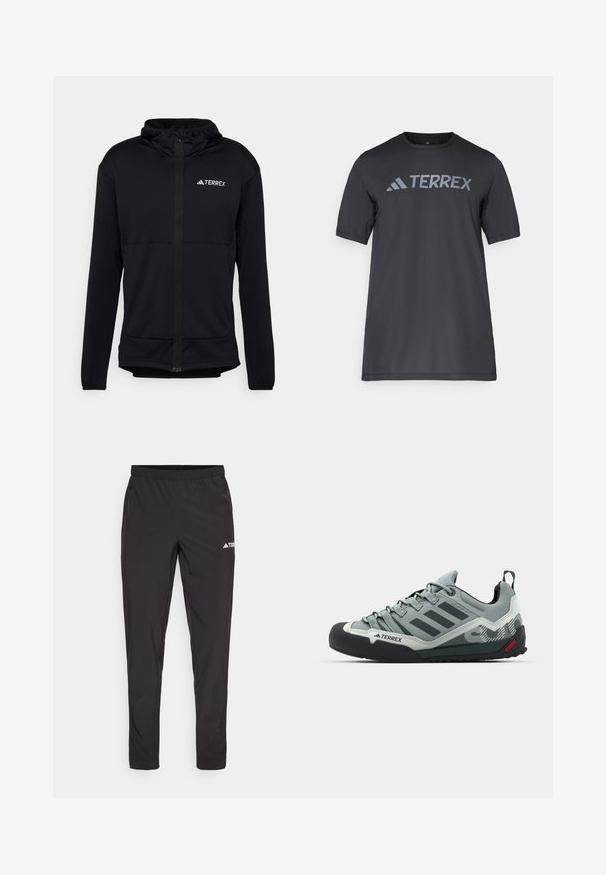 Melnā Terrex kapuce ar pilnu rāvējslēdzēju, garām piedurknēm un regulējamu kapuci. Izgatavota no teksturēta, viegla auduma, ar logo uz krūškurvja.; Melna īsām piedurknēm T-kreklu, kas izgatavots no viegla auduma, ar gaismu pelēku "TERREX" logo krūšu daļā un apaļu kakla izgriezumu.; Melni sporta bikses ar elastīgu jostasvietu, divām sānu rāvējslēdzēju kabatām un logo augšējā labajā kājā. Gluds, viegls audums.; Pelēki kāpšanas apavi ar teksturētu augšdaļu, melnu gumijas purngalu, trim tumšām svītrām un nelielu sarkanu akcentu uz zoles.