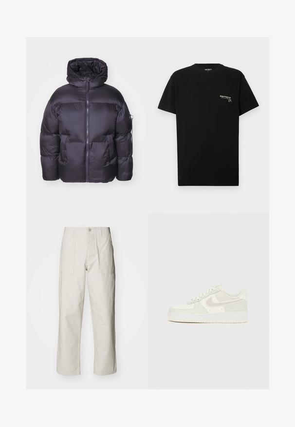 Alpha Industries CLOUD - Zimska jakna - vintage grey; Črna bombažna majica s kratkimi rokavi, okroglo izrezano ovratnikom in majhnim belim logotipom natisnjenim na levem delu prsnega koša.; Svetlo bež široke hlače iz bombaža. Imajo sprednje žepe in gumbasto zapiranje. Gladka tekstura z subtilnimi navpičnimi črtami.; Beli Nike Air Force 1 superge z gladkim usnjem, svetlo sivimi poudarki, luknjicami na prstu in teksturirano gumijasto podplato.