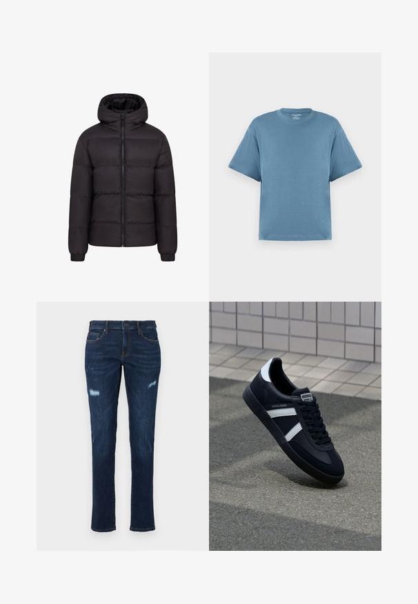 Juodas pūkinis šalikas su gobtuvu, siuvinėta konstrukcija, pilnas priekis su užtrauktuku ir elastingais rankogaliais. Lygus, blizgus paviršius su minimaliais aksesuarais.; Mėlyna trumpomis rankovėmis marškinėliai, pagaminti iš medvilnės, su apvaliu kaklu ir laisvu siluetu. Lygus paviršius, minimalistinis dizainas, be raštų ar akcentų.; Tamsiai mėlyni džinsai su tiesiu kirpimu, turintys suplėšytus išsiplėtimus kelnių savo ir tradicinius kišenes, taip pat akivaizdžius kontrastingus siūlus.; Juodas odinis sportinis batelis su baltais dryžiais, tekstūruota gumine padais ir raišteliais priekyje. Yra prekės ženklą žymintis etiketė ant liežuvio.