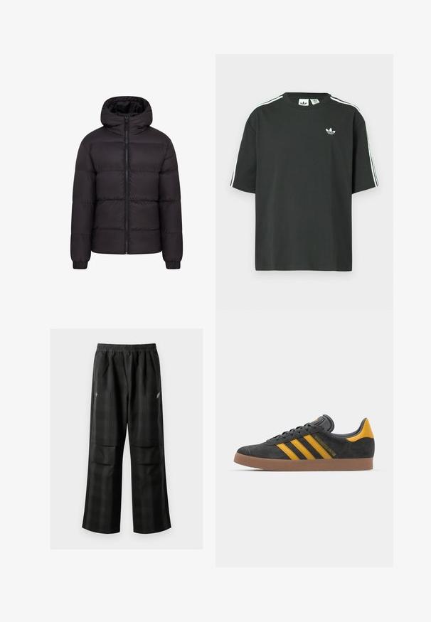 Casaco puffer preto com capuz, design acolchoado, fecho frontal completo e punhos elásticos. Exterior liso e brilhante com hardware mínimo.; T-shirt preta de algodão com mangas curtas, gola redonda e detalhe branco de três riscas nos ombros. Apresenta um pequeno logotipo branco no peito.; Calças pretas em padrão xadrez com cintura elástica, dois bolsos frontais e um ajuste solto com design de perna reta. Feitas de material leve.; Tenis em camurça preta com detalhes amarelos, apresentando três riscas e uma sola de borracha castanha. Inclui uma língua acolchoada para maior conforto.