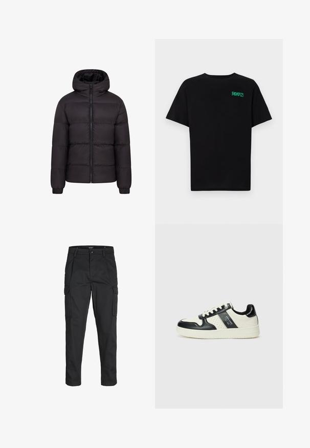 Svart puffjakke med hette, quiltet design, full frontalskli, og elastiske mansjetter. Glatt, blank overflate med minimalt med maskinvare.; svart t-skjorte laget av bomull med korte ermer. Har et grønt "ROOTS"-logo på forsiden, rund halsutringning og standard passform.; Sorte cargo bukser laget av slitesterkt stoff, med flere lommer, knappelukking og en slim fit-design med avsmalnede ben.; Lædersneakers med sort og creme farveskema, der har perforerede detaljer, en polstret krave og en struktureret ydersål.