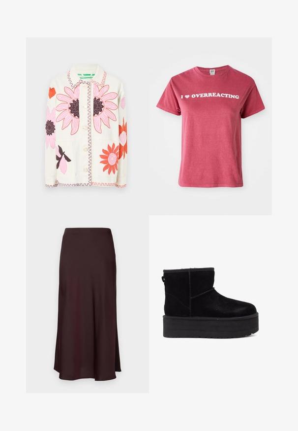 Fabienne Chapot ELODY JACKET - Džínová bunda - warm white; Marošové bavlněné tričko s krátkým rukávem, zdobené bílým textem "I ♥ OVERREACTING" na hrudi. Jednoduchý design s kulatým výstřihem.; Burgundská saténová midi sukně s hladkou texturou, rovného střihu a mírně rozšířeným lemem. Bez viditelných vzorů či kovových detailů.; Černé semišové kotníkové boty s tlustou platformou a měkkou podšívkou. Dokončeno švy a zadním poutkem pro snadné obléknutí.