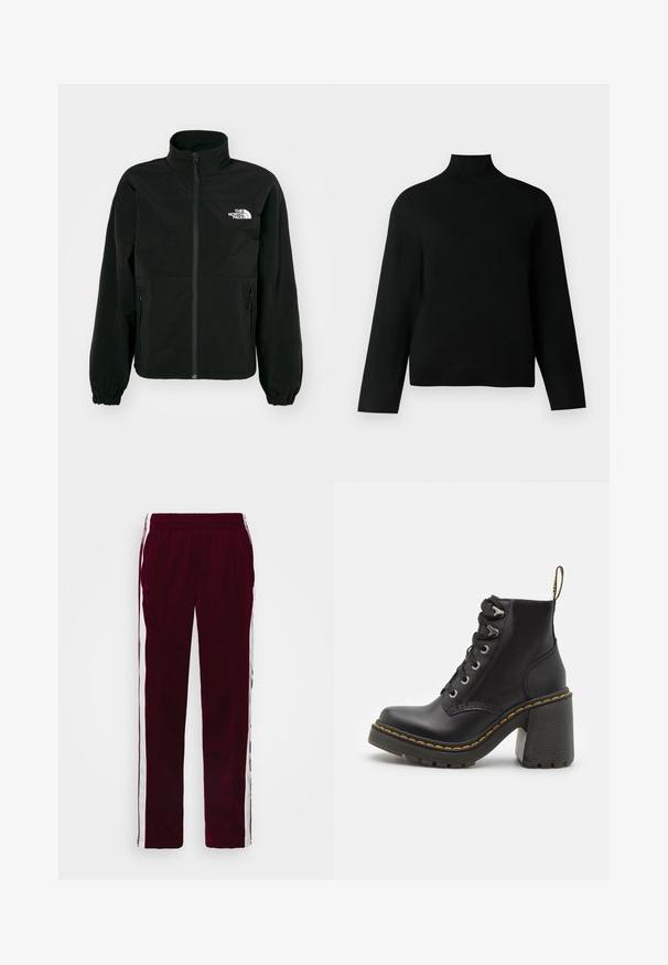 Mustmustang musteriipjakker kõrge kaelusega, elastsete varrukatega, kahe küljetaskuga ja valge logoga vasakul rinnal. Pehme, sile kanga tekstuur.; Must melamine särg, mis on valmistatud pehmest kudumist, pikad varrukad ja lõdva lõikega. Sile tekstuur, ilma nähtavate mustrite või aktsentideta.; Burgundia sportlikud püksid, millel on nööriga vöökoht, valged külgtriibud ja kitsas lõige. Valmistatud sujuvast ja kergest kangast.; Must musta jalaehted, millel on paksad kõrged kontsad, nööpidega ees, metallist silmad ja kollane õmblus tallal. Tekstuuriga kummist välistald.