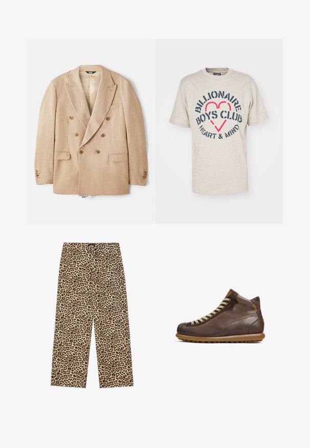 Smėlio spalvos dvigubo uždarymo švarkas su dideliais įpjovomis atvartais, dviem priekinėmis kišenėmis ir rudos spalvos mygtukais, pagamintas iš tekstūrinio audinio.; Billionaire Boys Club HEART & MIND STENCIL LOGO - Marškinėliai su spaudiniu - oat; YOURTURN UNISEX - Laisvo kirpimo džinsai - beige/black; Camper PELOTAS ARIEL - Suvarstomi aulinukai - dunkelbraun
