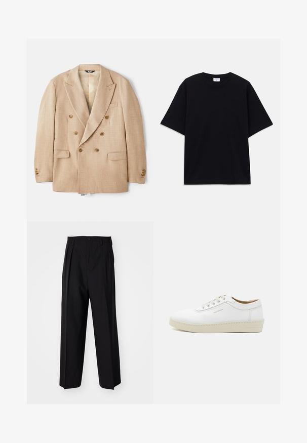 Béžový dvakrát zapínaný blejzer s veľkými klopami, dvoma prednými vreckami a hnedými gombíkmi, vyrobený z textilného materiálu.; Čierne nadrozmerné tričko s krátkym rukávom a okrúhlym výstrihom, s viditeľnou značkovou etikou Filippa K vo vnútri goliera.; Čierne skladané nohavice s rovnom, širokým strihom. Vyrobené z hladkého materiálu, s gombíkovým zapínaním a pútkami na opasok.; Biele kožené tenisky s textúrovaným povrchom, okrúly špička, béžová gumová podrážka a šesť sivých vystužených očiek na šnúrky, so subtílnym brandingom na boku.
