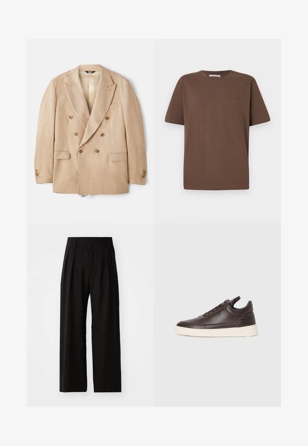 Beige double-breasted blazer with large notched lapels, two front pockets, and brown buttons, made from a textured fabric.; Brown cotton t-shirt with a round neckline, short sleeves, and a small logo printed on the front. Flat fabric texture, casual fit.; Black wide-leg trousers with a smooth texture, featuring two front pleats, a button closure, and side pockets. Durable fabric.; Dark brown textured leather sneaker with lace-up front and white ridged rubber sole on a plain light background.