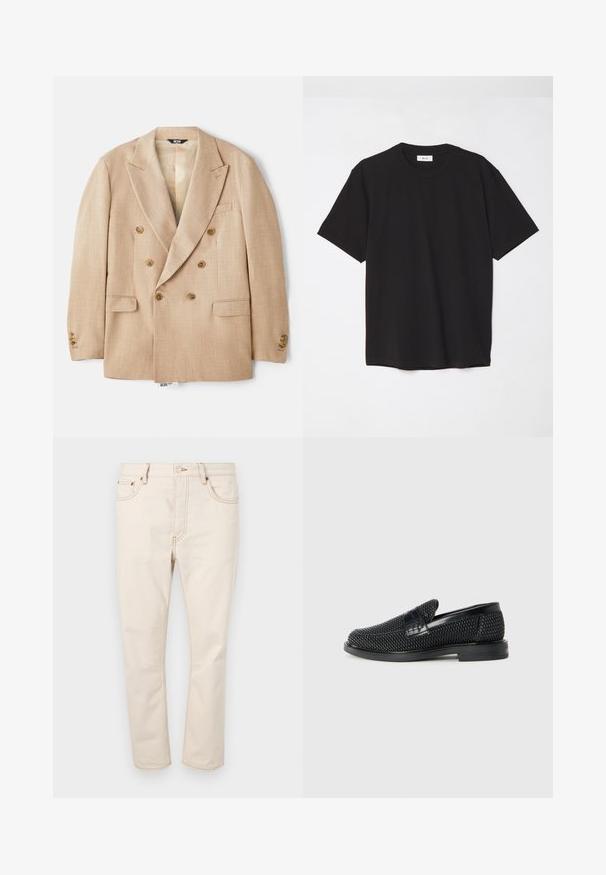 Beige dvouřadý blazer s velkými výřezovými klopami, dvěma předními kapsami a hnědými knoflíky, vyrobený z texturované tkaniny.; Černé bavlněné tričko s kulatým výstřihem, krátkými rukávy a volným střihem. Jednoduchý design, hladká textura a žádné viditelné vzory či loga.; Bežové džíny s rovnými nohavicemi, obsahující pět kapes, kontrastní švy a zapínání na knoflík v pase.; Černé pletené nazouvací boty s hladkým koženým akcentem na svršku, kulatou špičkou a nízkoprofilovou gumovou podrážkou.