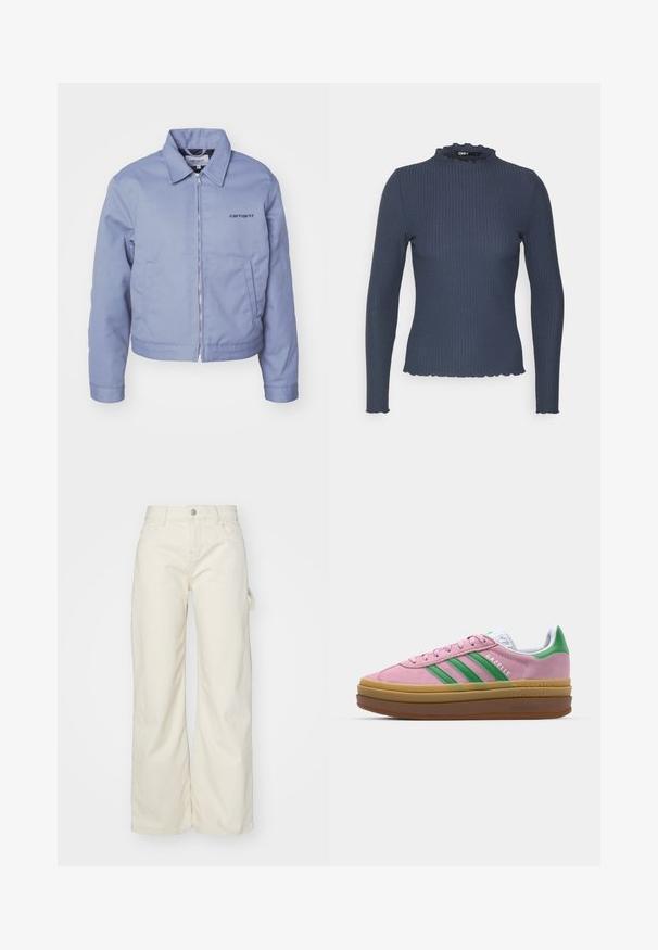 Carhartt WIP MODULE SCRIPT JACKET - Veste légère - dove grey/black rigid; Haut à manches longues bleu marine en texture côtelée. Présente un col montant avec un bord festonné et une coupe ajustée.; Pantalons à large jambe en tissu beige clair, dotés d'une taille haute, de poches avant et d'un détail de boucle sur le côté pour plus de fonctionnalité.; Baskets en daim rose avec des rayures vertes, des accents blancs et une semelle en caoutchouc brun. Comportent un tissu texturé et un détail de logo sur le côté.