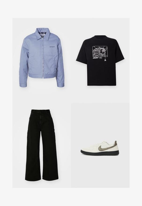 Carhartt WIP MODULE SCRIPT JACKET - Lehká bunda - dove grey/black rigid; Černé tričko vyrobené z bavlny s krátkými rukávy. Na přední straně má bílé grafické zobrazení pavučiny a logo. Jednoduchý kulatý výstřih.; Černé široké cargo kalhoty vyrobené z denimu, s vysokým pasem, předním zapínáním na knoflík a bočními kapsami. Hladká textura s minimálním prošíváním.; Nike Sportswear FIELD GENERAL - Tenisky - off-white/black