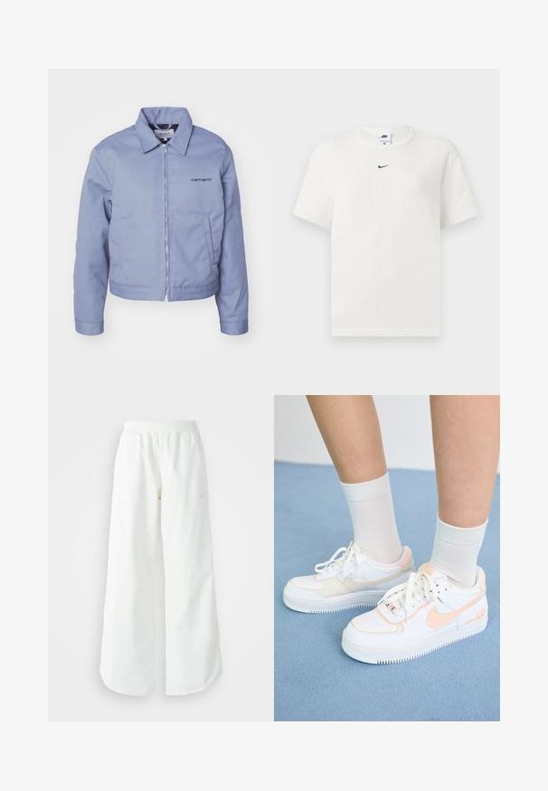 Carhartt WIP MODULE SCRIPT JACKET - Vasaras jaka - dove grey/black rigid; Balts ribots t-krekls ar apaļu kakla izgriezumu un īsām piedurknēm. Uz krūšu daļas ir mazs melns Nike logo. Audums ir ar tekstūru un pieguļošs.; Baltas, platais sporta bikses ar ribotu jostasvītru un smalku logotipa detaļu. Gluda auduma ar brīvu piegriezumu un sašaurinātu apakšdaļu.; Baltas brīvlaika apavi ar persiku akcentiem, gluda ādas virsma, perforēts purngals, strukturēta zole un šnūrītes. Valkāti ar baltām augstām zeķēm uz zilas virsmas.