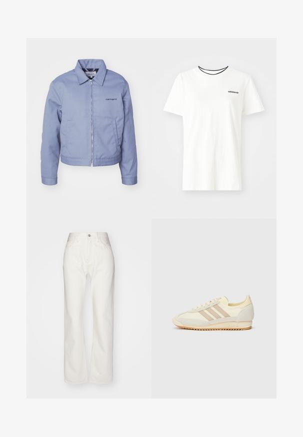 Carhartt WIP MODULE SCRIPT JACKET - Veste légère - dove grey/black rigid; T-shirt en coton blanc à manches courtes et à encolure ronde. Présente un logo Adidas noir sur la poitrine et un col intérieur noir contrastant.; Pantalons en denim blanc avec une taille haute et une coupe évasée. Comprend une fermeture à bouton et à fermeture éclair, des passants de ceinture et des détails de couture subtils.; Sneaker athlétique crème avec trois rayures beiges, en matériaux en suède et textile, une semelle texturée et une marque en relief sur le talon.