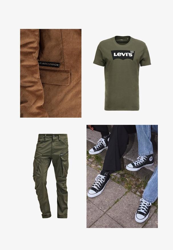 Ruskohvihta ruskea, jossa on vasemmalla puolella tasku ja etiketti, jossa on mustalla "Gráinne Kavanagh", näkyvät ompeluseikat kauttaaltaan.; Oliivinvihreä puuvillapaidan t-paita, jossa on suuri musta Levi's-logo edessä. Klassinen pyöreä kaula-aukko ja lyhyet hihat, sileä tekstuuri.; Vihreät kangashousut, jotka on valmistettu kestävästä puuvillasta. Ominaisuuksiin kuuluvat useat taskut, vetoketjulla varustettu sivutasku sekä kapenevat lahkeet, joissa on hieman teksturoitu pinta.; Mustat korkeat kangaslenkkarit, joissa on valkoiset kumipohjat ja nauhat, sivussa on pyöreä logo, ja ne on yhdistetty farkkuihin ja mustiin housuihin.