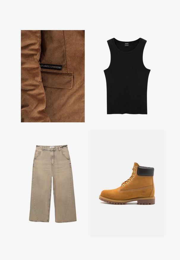 Giacca in velluto a coste marrone con tasca sul lato sinistro e un'etichetta con "Gráinne Kavanagh" in nero, dettagli di cucitura visibili in tutto il capo.; Canotta nera a coste con scollatura rotonda e ampie aperture per le braccia, realizzata in un morbido tessuto elasticizzato. Etichetta: Pull&Bear.; PULL&BEAR MEGA BAGGY - Jeans baggy - light grey; Stivale alla caviglia in suede tan con collare imbottito nero, occhielli in metallo dorato, dettagli in cucitura bianca e suola in gomma robusta con battistrada pronunciato.