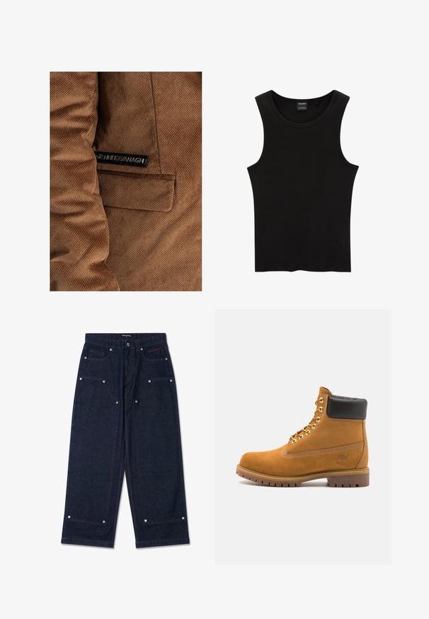 Bruine corduroy jacket met een linkerzijzak en een label met "Gráinne Kavanagh" in zwart, zichtbare stikseldetails overal.; Zwarte geribbelde tanktop met een ronde halslijn en wijde armsgaten, gemaakt van een zachte, rekbare stof. Label: Pull&Bear.; Donkerdenim wijdvallende broek met twee voorkruiszakken, zilveren hardware details en contrasterende rode stitching. Voorzien van een knoopsluiting en merkembleem.; Tan suède enkelboot met zwart gevoerd kraagje, gouden metalen oogjes, witte stikdetails en een robuuste rubberen zool met uitgesproken profiel.