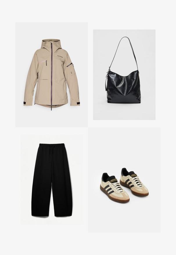 Peak Performance ALPINE GORE-TEX JACKET - Snowboardjacke - avid beige; Helle beige, kurz geschnittene Sweater, aus weichem Strickstoff, mit weitem Ausschnitt, überschnittenen Schultern sowie gerippten Bündchen und Saum.; Schwarze weit geschnittene Hosen mit elastischem Bund und Kordelzug. Weicher Stoff mit glatter Textur. Gerader Schnitt mit Seitennähten.; Beige Wildleder-Sportschuhe mit schwarzen Lederakzenten, weißen Schnürsenkeln und brauner Gummisohle. Drei schwarze Streifen auf jeder Seite.; Schwarze Leder-Schultertasche mit einer weichen, strukturierten Oberfläche. Sie hat ein geschwungenes Design und einen einzelnen verstellbaren Tragegurt. Kein zusätzliches Zubehör.