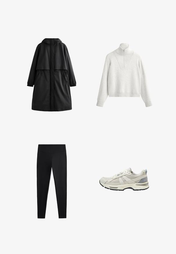 Černý voděodolný kabát s kapucí, dlouhými rukávy, elastickými manžetami, bočními kapsami a volným střihem. Hladká textura s minimálním designem.; Světle šedá mikina s vysokým límcem, která má půlzip a žebrovanou strukturu. Kostičkový tvar s kleslými rameny a strukturovaným designem.; Černé legíny vyrobené z hladkého, elastického materiálu. Mají široký pas a zúžený střih nohavic, vhodné pro aktivní nebo volnočasové nošení.; Béžová sportovní obuv s texturovaným síťovým svrškem a hladkými doplňky. Má polstrovanou podrážku, zesílenou špičku a černou gumovou podrážku.