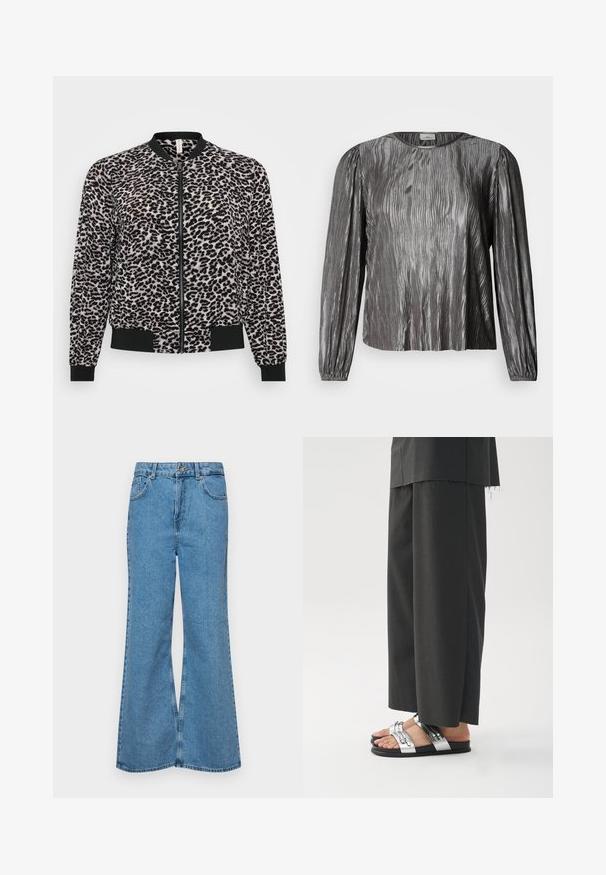 Casaco bomber com padrão de leopardo, fecho com zíper, punhos e cós em malha preta. Tecido macio com uma textura aveludada.; Blusa prateada de manga comprida com um padrão texturizado ondulado, apresentando um decote redondo e punhos elásticos. Tecido liso e brilhante.; Jeans de brim azuis claros, com corte à boca de sino, apresentando uma cintura alta, cinco bolsos e um fecho de botão único. Textura macia com acabamento desbotado.; Calças pretas com um corte solto e acabamento não cosido, combinadas com sandálias rasas que têm tiras prateadas e acessórios decorativos.