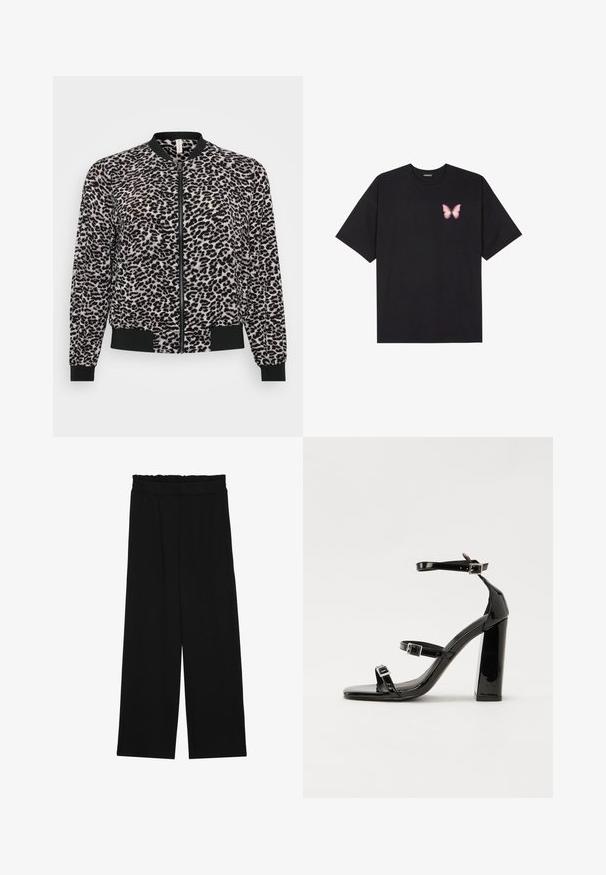 Bomberjacka med leopardmönster och dragkedja, svarta ribbade manschetter och midja. Mjuk tyg med plyschliknande textur.; Svart bomullströja med korta ärmar, med en liten rosa fjärilsgrafik på vänster bröst. Rundad halsdesign med en avslappnad passform.; Svarta vida byxor med en volang vid midjan, med två sidofickor och ett slätt, lätt tyg. Inga synliga mönster eller detaljer.; Svarta lackerade högklackade sandaler med två spännband, fyrkantig tå och en tjock klack, med en slät och glansig yta.
