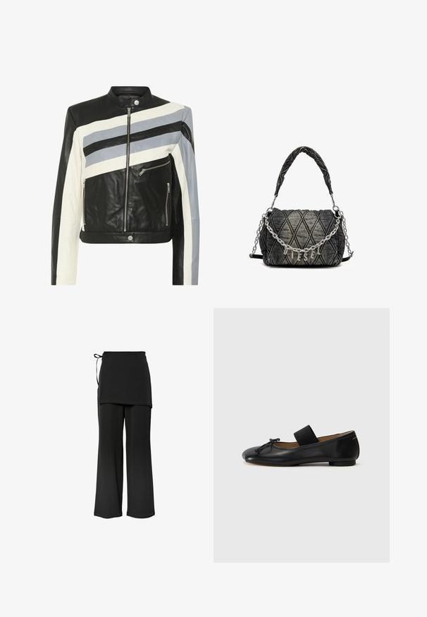 Odinė striukė su juodomis, baltomis ir šviesiai mėlynomis įstrižomis juostomis, užtrauktuko priekyje ir dviem šoninėmis užtrauktuko kišenėmis. Lygus paviršius, prigludęs dizainas.; VILA VIVIGGA CONTRAST - Džemperis - dark grey/black; Juodos plačios kelnės su sluoksniuota konstrukcija ir šoniniu užrišimu. Pagamintos iš minkštos, lygios medžiagos, pasižyminčios paprastu, tvarkingu kirpimu.; Juodi odiniai baleto bateliai su apvalia nosimi, maža mazgo detalė ir elastinga juostelė per pėdos viršų, užtikrinanti tvirtą prigludimą. Plokšias padas.; Patalpinta džinsinio audinio rankinė tamsiai pilkos spalvos, su grandinės diržu ir metaliniu "DIESEL" logotipu. Kompaktiška, stačiakampė forma, struktūruotas paviršius.