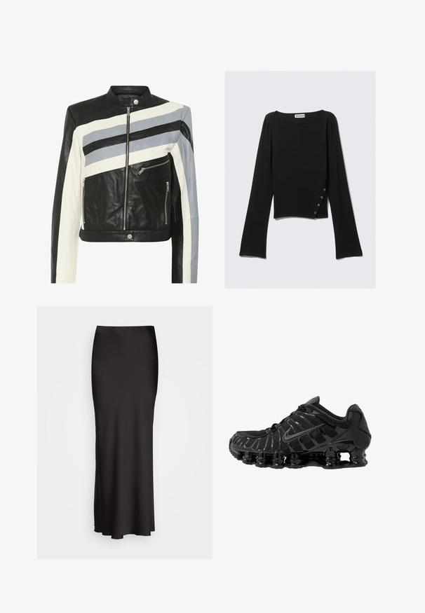 Nahkjakki, millel on mustad, valged ja helesinised diagonaalsed triibud, lukuga ees ja kaks külgmist lukuga taskut. Sile tekstuur, sobiv disain.; Must värviline pika varrukaga top, mis on valmistatud siledast kangast, laeva kaeluse, lühikese pikkuse ja külgdetailiga, kus on hõbedased nupud.; Mustast, põrandani ulatuvast satiinirest, millel on sile tekstuur, sobituv vöökoht ja A-tähe siluett, ilma nähtavate kaunistuste või mustriteta.; Must mustusjalats, millel on võrkmaterjalist ülemine osa ja läikivad kattekihtide detailid. Omab kaardus spiraallöögi pehmendust ning tekstuuriga jooni küljel. Nähtav Nike logo.