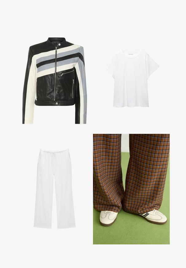 Leren jas met zwarte, witte en lichtblauwe diagonale strepen, ritssluiting aan de voorkant en twee zijzakken met rits. Glad oppervlak, aangesloten ontwerp.; Witte T-shirt van zacht, lichtgewicht stof. Heeft een ronde halslijn en korte, brede mouwen met een ontspannen pasvorm. Geen zichtbare patronen.; Witte wijde broekspunten gemaakt van zachte stof, met een elastische tailleband en een koord, en twee zijzakken. Eenvoudig en strak ontwerp.; Bruine en blauwe geruite wijde broek, gecombineerd met witte schoenen met zwarte accenten en een gestructureerde zool, gezet tegen een groene achtergrond.