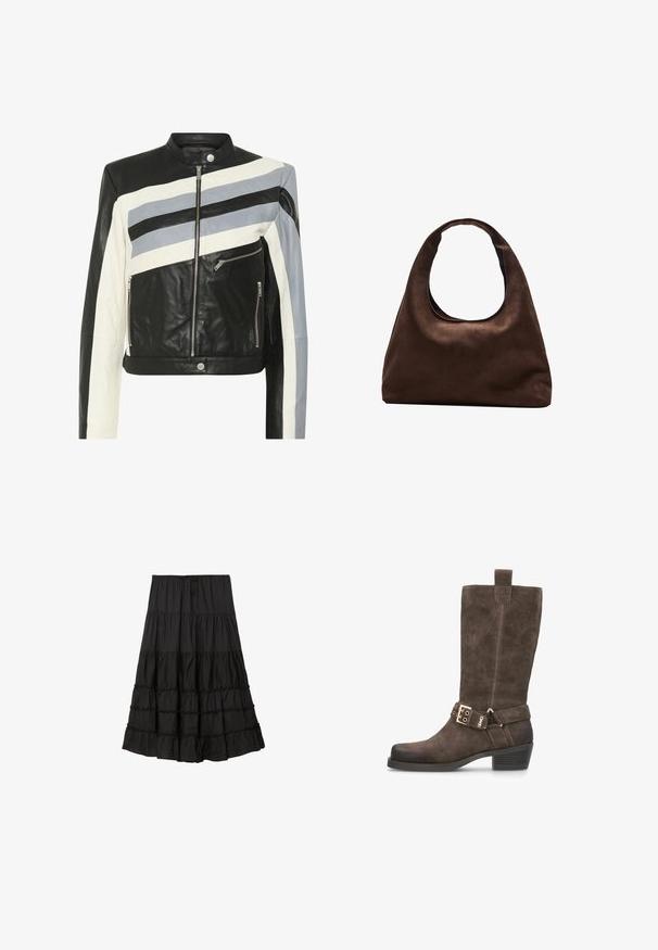 Kožená bunda s černými, bílými a světle modrými diagonálními pruhy, zipovým zapínáním vpředu a dvěma bočními zipovými kapsami. Hladká textura, přiléhavý design.; Stradivarius ASYMMETRICAL  - Top s dlouhým rukávem - white; Černá vícevrstvá sukně vyrobená z lehkého materiálu, s pružným pasem, volánovými lemy a splývavým střihem.; Hnědá semišová kozačka po kolena se čtveratou špičkou, jemným podpatkem a koženým páskem s detaily zlaté spony.; Měkká hnědá kabelka ve stylu hobo s jedním širokým popruhem a zakřiveným horním otvorem, vystavená na bílém pozadí.