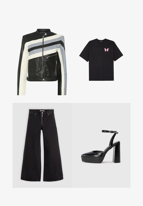Leather jacket featuring black, white, and light blue diagonal stripes, zippered front, and two side zip pockets. Smooth texture, fitted design.; Black cotton t-shirt with short sleeves, featuring a small pink butterfly graphic on the left chest. Crew neck design with a relaxed fit.; Wide-leg jeans in black denim with a zippered front, five-pocket design, and subtle stitching details. Smooth texture and casual style.; Black platform heels with a pointed toe and adjustable ankle strap. Constructed from smooth leather, featuring a chunky block heel.