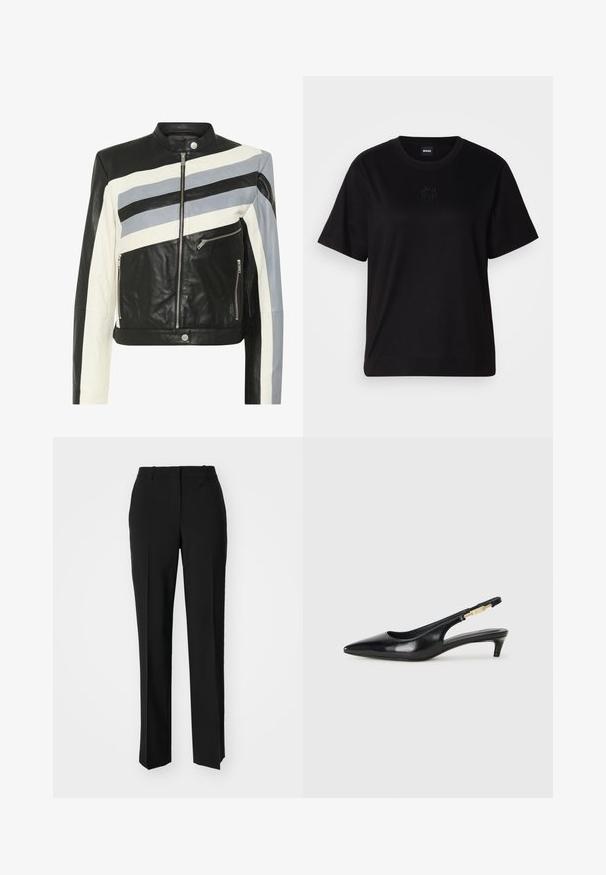 Kožená bunda s čiernymi, bielymi a svetlomodrými diagonálnymi pruhmi, so zipsom vpredu a dvoma bočnými zipsovými vreckami. Hladký povrch, priliehavý dizajn.; Čierne bavlnené tričko s okrúhlym výstrihom, krátkymi rukávmi a vyšívaným logom na hrudi. Jednoduchý, voľný strih bez vzorov.; Čierne krajčírské nohavice so strihom rovného nohu, s hladkou textúrou a ostrými skladmi pozdĺž prednej časti. Žiadne viditeľné hardvér.; Čierne kožené slingback opätky s špicatou špičkou, s úzkym opätkom a zlatým detailom na nastaviteľnom remienku. Hladká textúra.