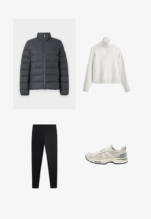 Pufasta jakna tamno siva, s visokom kragnom, punim patentnim zatvaračem sprijeda i horizontalnim šavovima za dodatnu izolaciju i teksturu.; Svjetlosiva dukserica s visokim ovratnikom, koja sadrži pola zatvarača i rebrastu teksturu. Ima kutni oblik s spuštenim ramenima i strukturiranim dizajnom.; Crne tajice izrađene od glatkog, rastezljivog materijala. Imaju široki pojas i suženi kroj nogavica, pogodne za aktivno ili ležerno nošenje.; Bež sportska cipela s teksturiranim mrežastim gornjim dijelom i glatkim detaljima. Imaj jastučićastu potplatu, ojačani vrh i crni gumeni potplat.