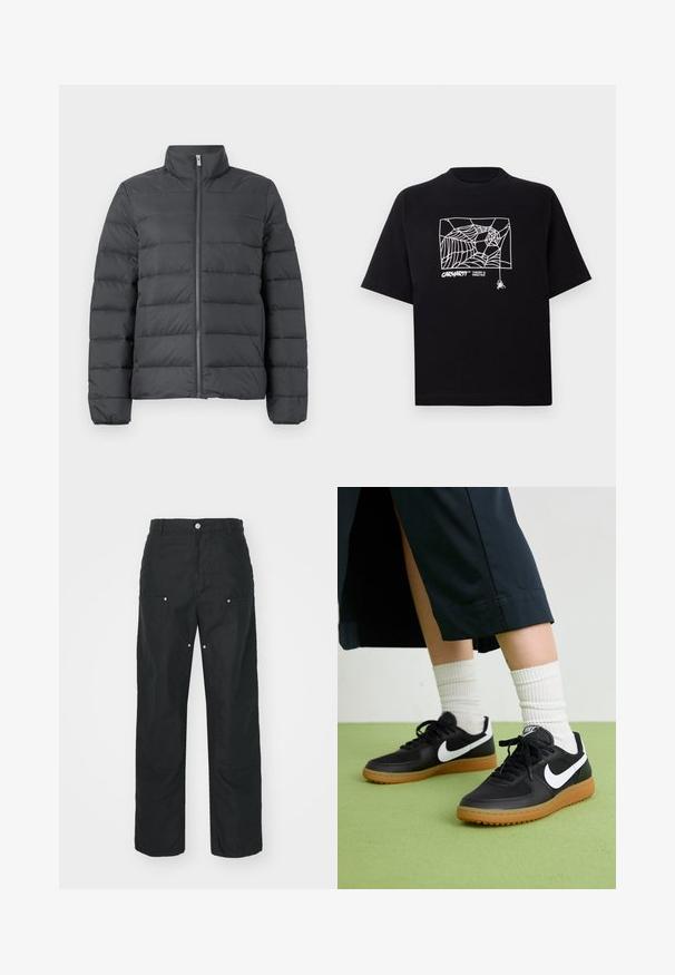 Jachetă pufoasă de culoare gri închis, cu guler înalt, fermoar complet în față și un design cusut orizontal pentru o izolare și textură suplimentară.; Tricou negru din bumbac, cu mâneci scurte. Dispune de un grafic alb cu o pânză de păianjen și un logo pe față. Guler simplu, rotund.; Pantaloni negri cu un design drept, realizați dintr-un material texturat. Prezintă accesorii decorative din argint și detalii unice în cusături.; Sneakers negre din piele și material sintetic cu logo-ul alb Nike, talpă din cauciuc, vârful rotund și șireturi negre. Șosete albe cu nervuri vizibile.