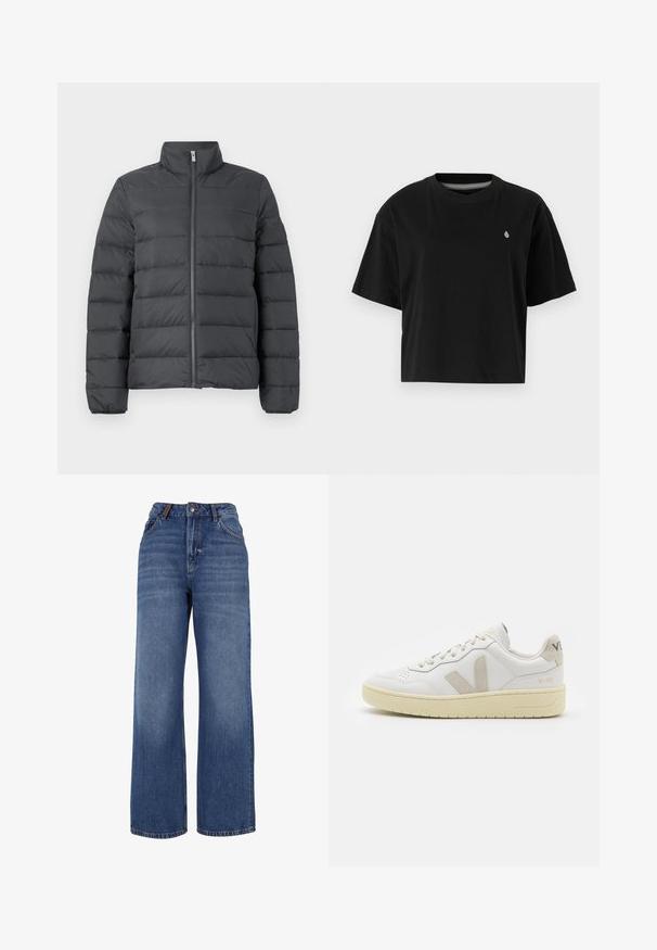 Tamsiai pilkas pūkinis švarkas su aukštu apykakle, pilnu užtrauktuku ir horizontaliai siuvinėta tekstūra, suteikiančia papildomą izoliaciją ir tekstūrą.; Juodas trumpas medvilninis marškinėliai su trumpomis rankovėmis, apvaliu iškirpimu ir mažuoju baltu logotipu kairėje krūtinės pusėje.; Plati kojinės džinsai, pagaminti iš vidutinio svorio mėlynos medvilnės audinio. Su klasikinio penkių kišenių dizainu ir užtrauktuku su saga.; Balti odiniai sportbačiai su kreminiais zomšos akcentais, perforuota pirštų dalimi, plokščiomis raišteliais ir struktūruota kreminėmis padomis. Ant kulno yra subtilus ženklinimas.