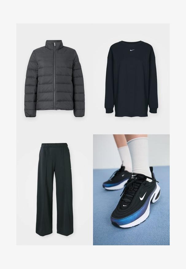Pufová bunda v tmavošedej farbe, s vysokým golierom, plným zipsom vpredu a horizontálnym prešívaním pre zvýšenú izoláciu a textúru.; Čierne tričko s dlhým rukávom z bavlny, s okrúhlym výstrihom. Na hrudi sa nachádza biele logo Nike. Jemná textúra, jednoduchý dizajn.; Čierne, široké športové nohavice s elastickým pásom. Vyrobené z hladkej, pružnej tkaniny, s jemnými prednými švami a bez vreciek.; Čierne tenisky Nike s hladkým textilným vrchom, ktoré majú gradientný dizajn prechádzajúci z modrej do čiernej, bielu podrážku a výrazné logo.