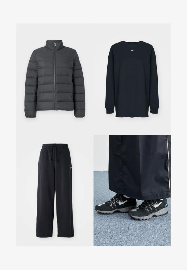 Pufjakke i mørkegrå med høj krave, fuld lynlås foran og horisontalt syet design for øget isolering og tekstur.; Sort langærmet T-shirt lavet af bomuld med rund hals. Har et hvidt Nike-logo på brystet. Blød tekstur, enkelt design.; Sorte sweatpants med elastisk talje og snor, med et lille hvidt Nike-logo på venstre side.; Sorte sportsko med en struktureret overdel, sølvdetaljer og en mønstret ydersål, parret med et langt sort plagg. Sat mod blå tæpper.