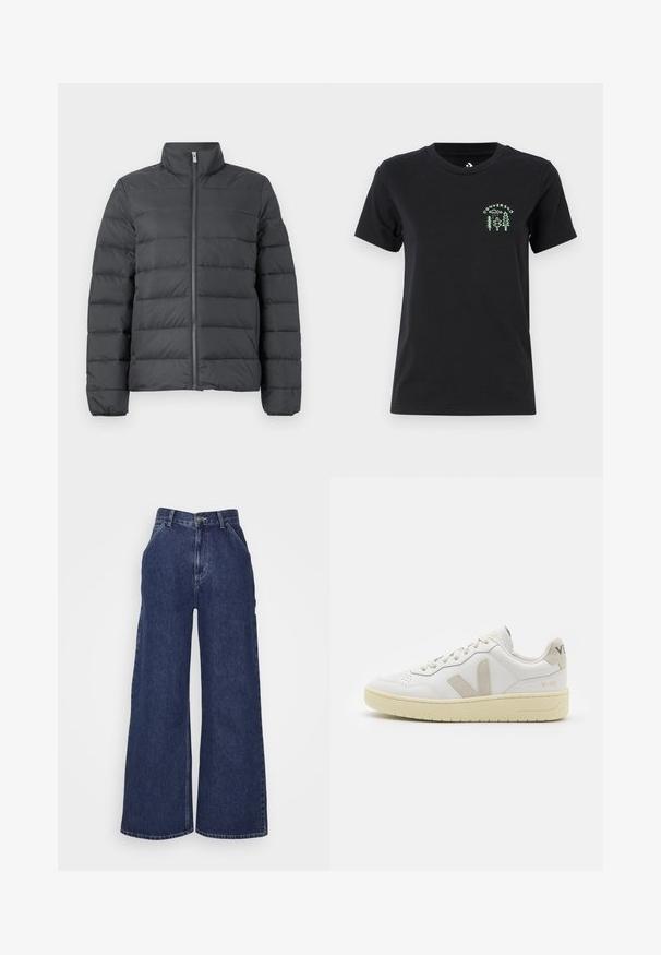 Dunjakke i mørkegrå, med høy krage, hel glidelås foran og horisontalt sydd design for ekstra isolasjon og tekstur.; Converse FOREST ART TEE - T-shirts med print - black; Bredde ben denim jeans i mørkeblå, med høy midje, frontlommer og glidelås med metallknapp. Glatt tekstur og klassisk design.; Hvite lær sneakers med beige semsket detaljer, perforert tåboks, flate lisser og en teksturert kremfarget såle. Har subtil branding på hælen.