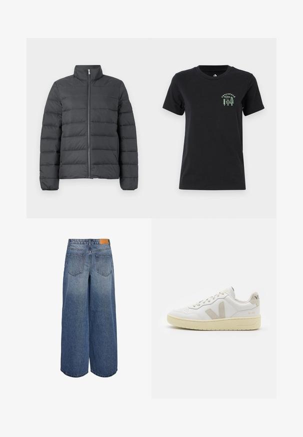 Sötét szürke pufajka, magas gallérral, teljes hosszúságú cipzárral és vízszintes varrással, amely fokozza a hőszigetelést és a textúrát.; Converse FOREST ART TEE - Nyomott mintás póló - black; Széles lábú denim culotte nadrág közepes kék mosással és kopott textúrával, két hátsó zsebbel és barna bőr márkás címkével a derékon.; Fehér bőr sneaker bézs velúr részletekkel, perforált orr résszel, lapos fűzőkkel és textúrált krémszínű talppal. Finom márkajelzés található a sarkán.