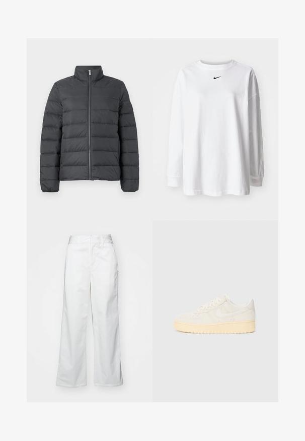 Puffer jacket in dark gray, featuring a high collar, full zip front, and horizontal stitched design for added insulation and texture.; White long-sleeve t-shirt made of cotton, featuring a round neckline and a small black Nike logo on the chest. Simple design, relaxed fit.; White wide-leg trousers made from cotton, featuring a smooth texture, straight fit, front pockets, and a clean hem.; White sneaker with textured upper, rounded toe, and yellow-tinted rubber sole. Features a subtle logo and lace-up closure.