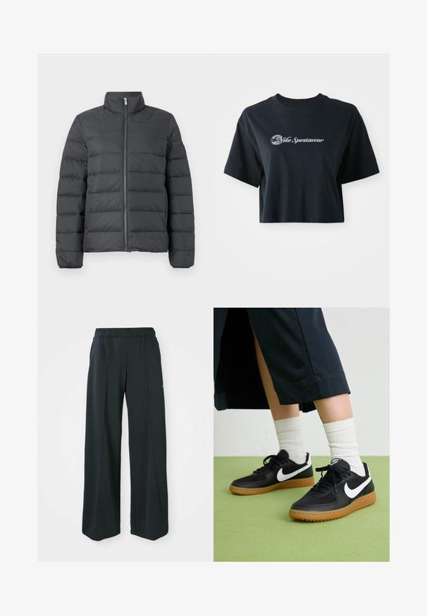 Giacca trapuntata grigio scuro, con colletto alto, zip frontale completa e design a cuciture orizzontali per un'ulteriore isolamento e texture.; T-shirt nera in cotone, cropped, con maniche corte, caratterizzata da testo bianco "Vice Sportswear" e una grafica circolare sul davanti.; Pantaloni sportivi neri a gamba larga con una vita elastica. Realizzati in un tessuto morbido ed elasticizzato, presentano cuciture frontali sottili e nessuna tasca.; Sneaker in pelle nera e sintetica con logo Nike bianco, suola in gomma, punta rotonda e lacci neri. Calze bianche a righe visibili.
